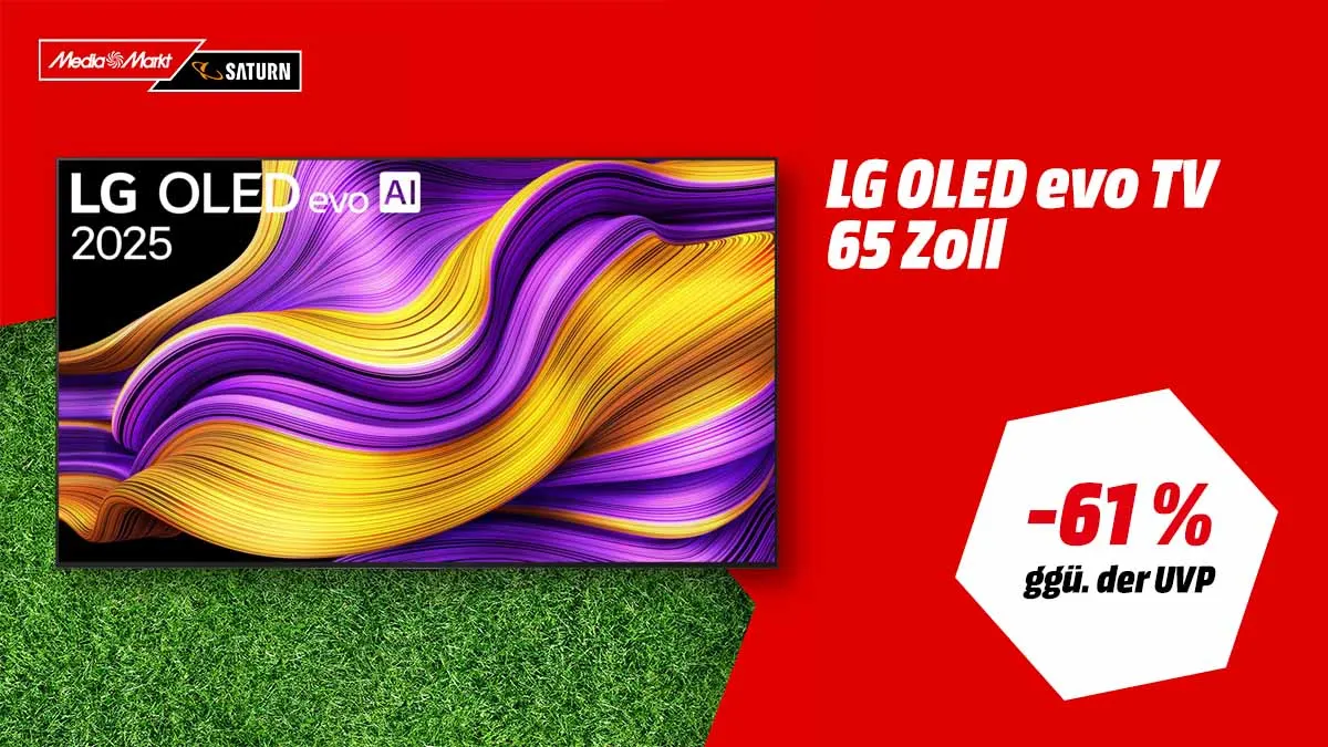 Der LG OLED-Fernseher und Hinweis auf 61 Prozent Rabatt gegenüber der UVP.