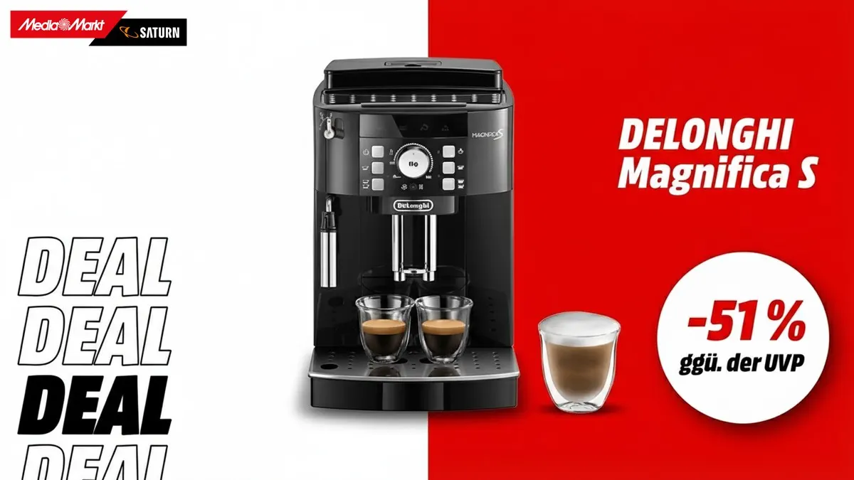Der Delonghi Magnifica S Kaffeevollautomat und Hinweis auf 51 Prozent Rabatt gegenüber der UVP auf weiß-rotem Hintergrund.