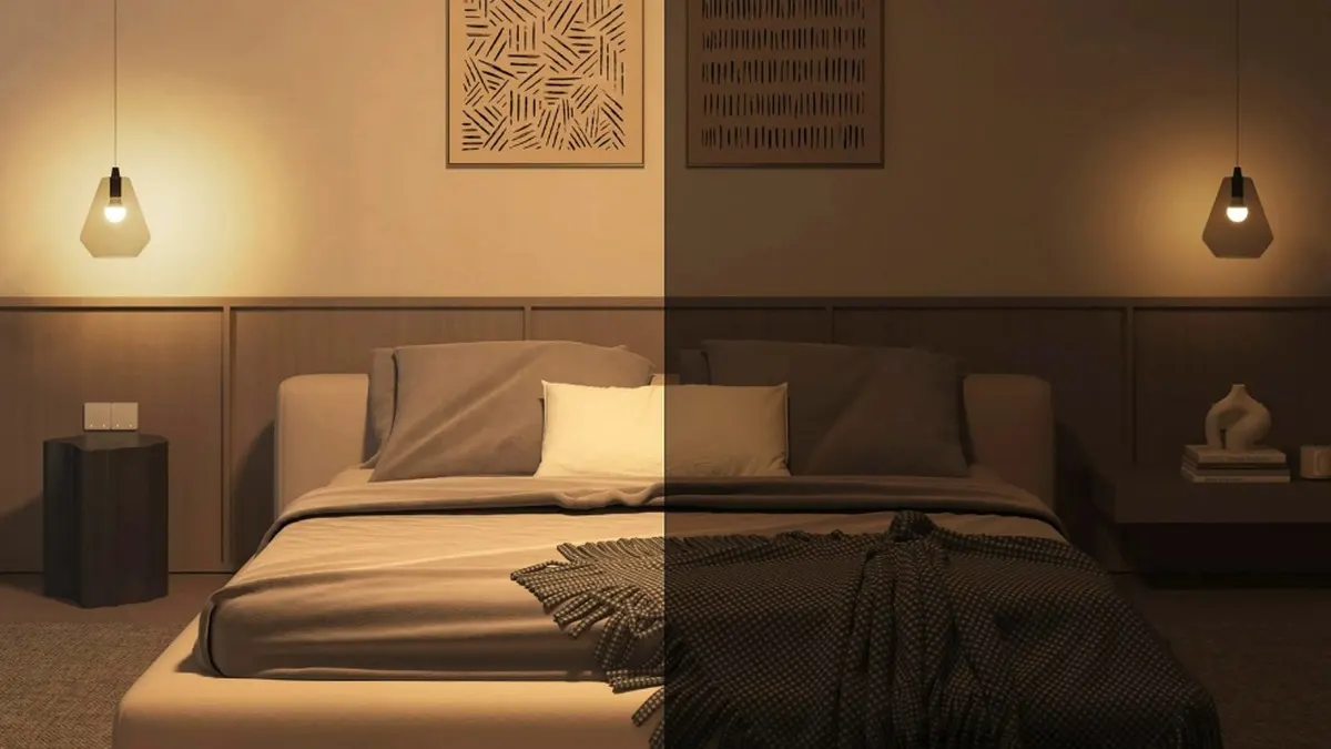 Ein Schlafzimmer: Die linke Hälfte ist heller beleuchtet, die rechte dunkler.