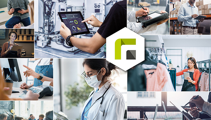 Collage: Geräte im Einsatz in Büro, Industrie, Handel, Gesundheitswesen und Meeting; Menschen nutzen Tablets, Scanner, Laptops; zentrales Logo. 