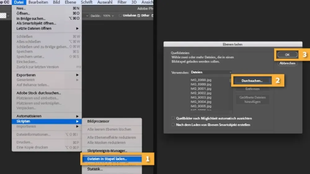 Photoshop-Oberfläche mit geöffnetem "Datei"-Menü, hervorgehoben "Dateien in Stapel laden", "Durchsuchen"- und "OK"-Buttons. Eine Liste von Bilddateien ist sichtbar.