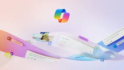 Mehrfarbiges Microsoft-Logo über schwebenden App-Symbolen und Dokumenten auf lila-weißem Hintergrund. Büro-App-Symbole sind Word, Excel, Planner und OneNote.