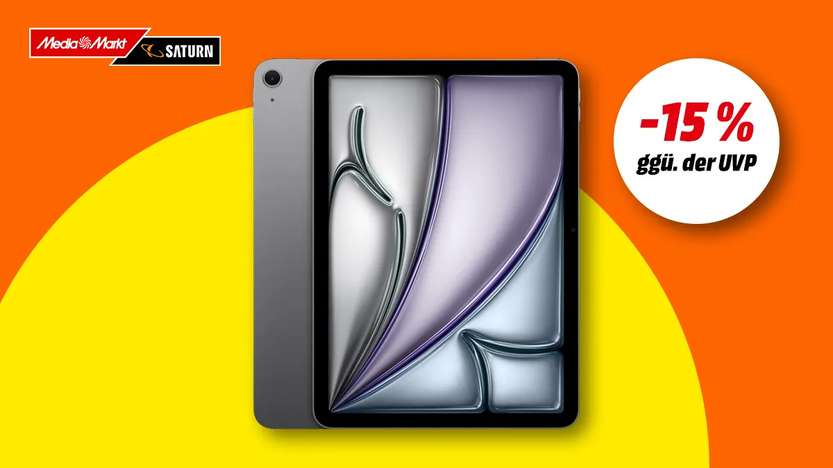 APPLE iPad Air 2025 und Hinweis auf 15 Prozent Rabatt gegenüber UVP auf buntem Hintergrund.