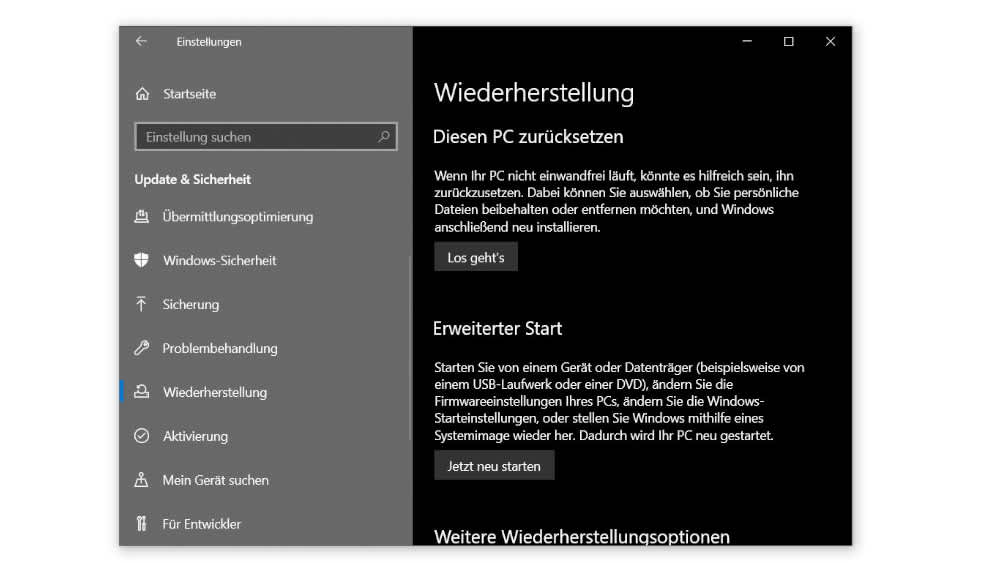 Ein Screenshot zeigt die Einstellungen zum Zurücksetzen von Windows 10.