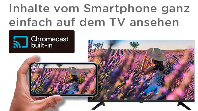 Dank des integrierten Chromecast built-in ist es kinderleicht, Inhalte von Deinem Smartphone oder Tablet auf dem Android TV wiederzugeben.