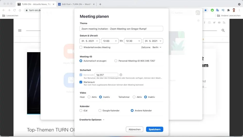 Browserfenster zeigt ein Menü zum Planen eines Zoom-Meetings mit Datum, Uhrzeit und Sicherheitsoptionen. Kalenderoptionen sind Google Kalender und andere Kalender.