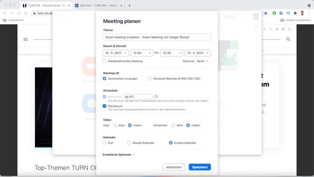 Ein Screenshot zeigt, wie in Zoom ein Meeting geplant wird.