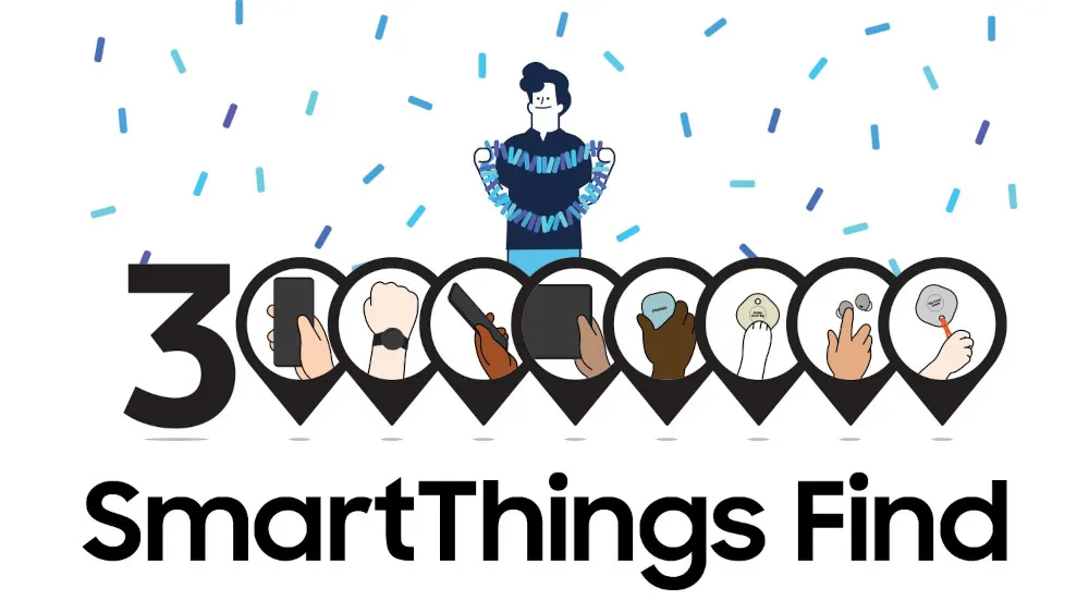 Viele Hände halten verschiedene Gadgets hoch, die Teil von SmartThings Find sind.