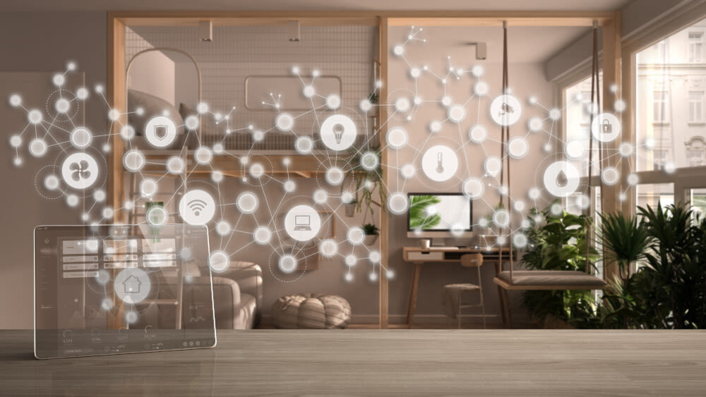 Ein Wohnzimmer mit Smart Home Symbolen