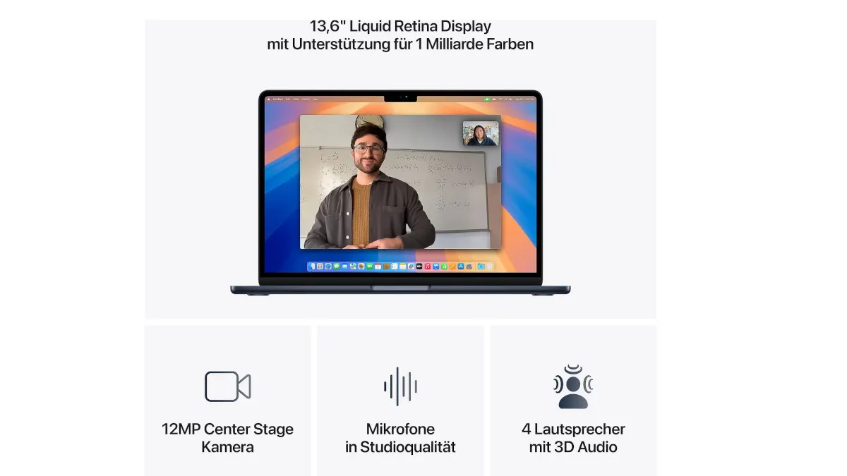 Ein Laptop mit Videoanruf wird gezeigt. Ein Mann mit Brille steht vor einer Tafel, während eine andere Person klein im Fenster ist.