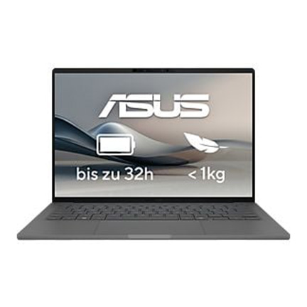 Schlanker Asus Laptop in Dunkelgrau, auf dem Bildschirm Hinweise zu bis zu 32 Stunden Akkulaufzeit und unter 1 kg Gewicht.