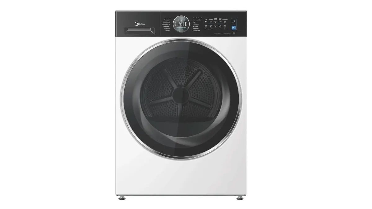 Der Trockner Midea MD210H100WB-B steht vor einem weißen Hintergrund.