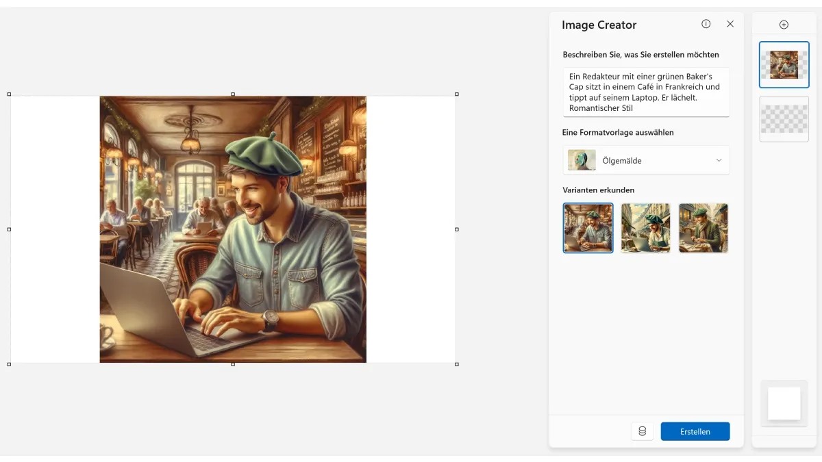 KI-Bild von einem Redakteur mit Laptop in einem französischen Café.
