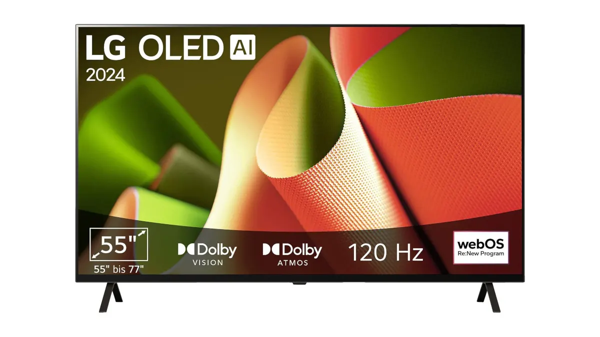 Ein LG OLED AI 2024 Fernseher steht auf einem weißen Hintergrund. Das Display zeigt grüne und rote Formen. Logos für Dolby Vision, Atmos und webOS sind sichtbar.