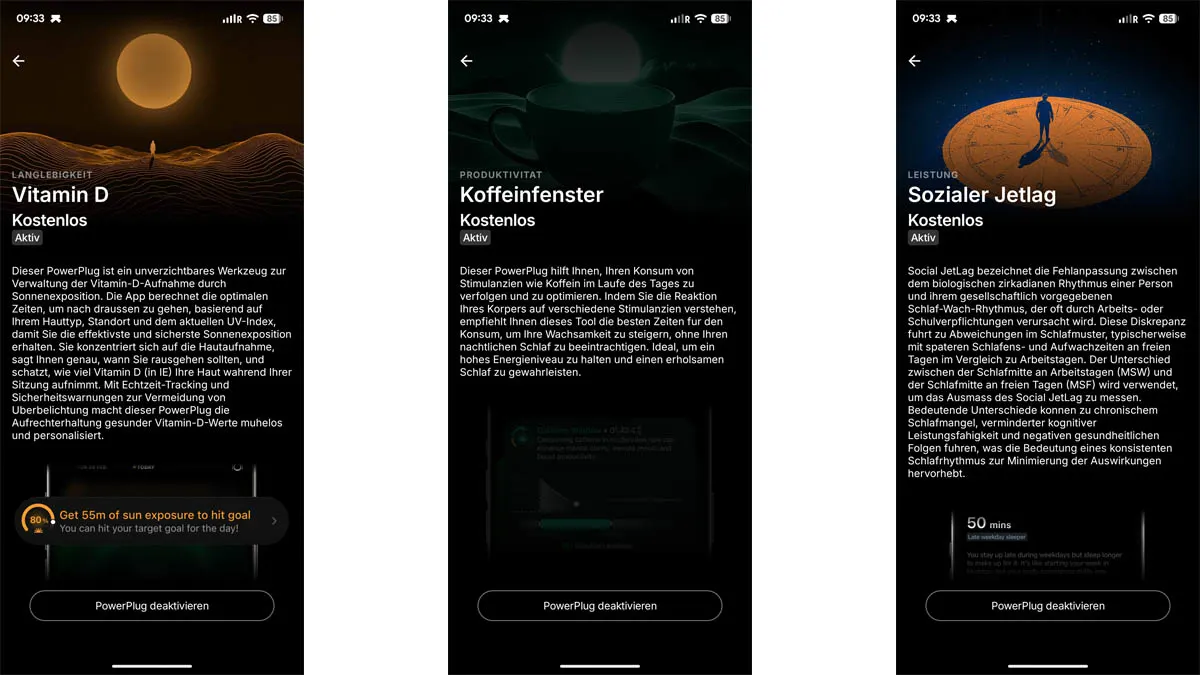 Drei Screenshots zeigen kostenlose PowerPlugs in der Ultrahuman-App: Vitamin D, Koffeinfenster und sozialer Jetlag.