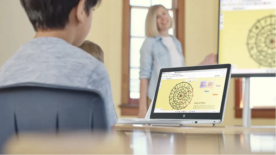 Eine Frau steht vor einer Tafel. Ein Laptop zeigt ein Diagramm. Ein Kind sitzt an einem Tisch.
