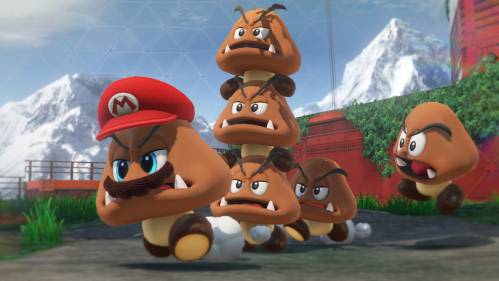 Mario hat mit Cappy einen Gumba übernommen ihm folgen weitere Gumbas