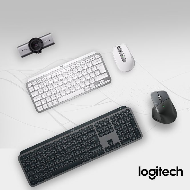 Logitech-Werbegrafik mit ausgewählten Produkte wie Tastaturen, Mäuse und Webcam auf hellgrauem Hintergrund.