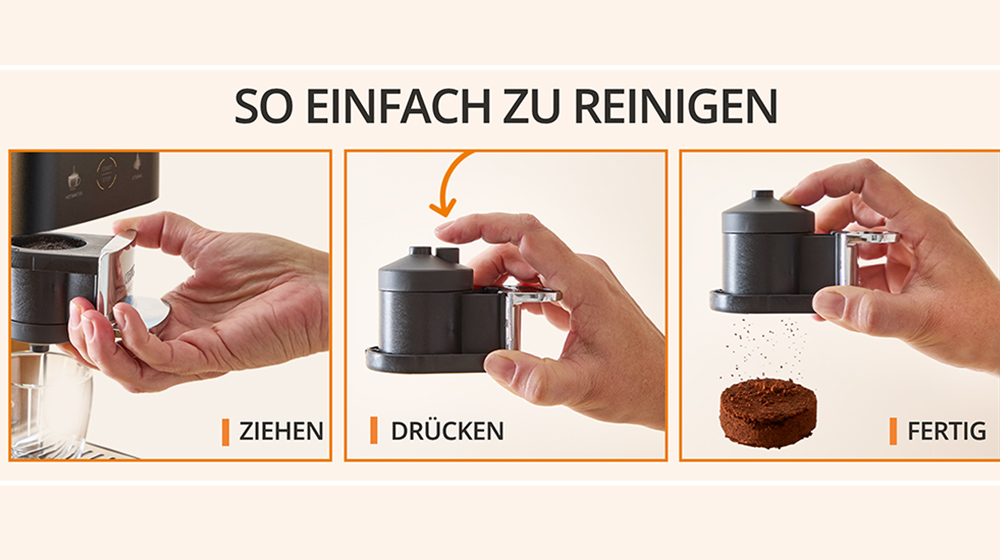 In drei Schritten zeigt eine Hand die Reinigung des Krups Kaffeefachs.