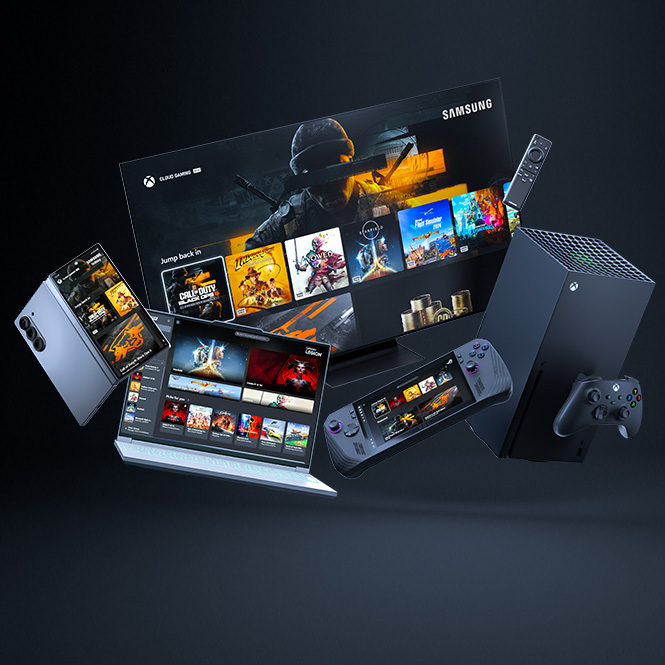 Auf einem dunklen Hintergrund sind ein Samsung-Fernseher, ein Laptop, ein Telefon, ein Handheld-Gerät, eine Xbox und ein Controller zu sehen.