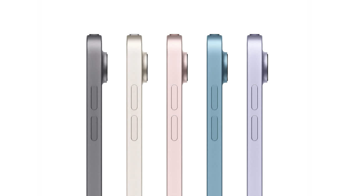 Apple iPad Air 5 (2022) in verschiedenen Farben in der Seitenansicht.