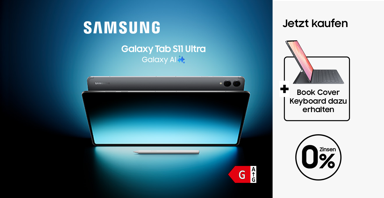 Das Tablet Samsung Galaxy Tab S11 Ultra mit Eingabestift, auf einem dunklen Untergrund elegant beleuchtet. Rechts daneben stehen die Angebote: "Book Cover Keyboard Slim gratis" und "0% Zinsen".