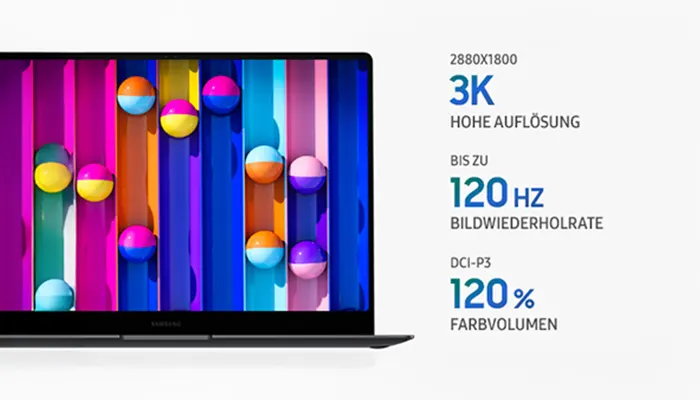 Ein Laptop zeigt einen bunten Bildschirm mit vertikalen Streifen in Lila, Blau und Orange. Mehrfarbige Kugeln sind darauf abgebildet. Rechts sind Textdetails.