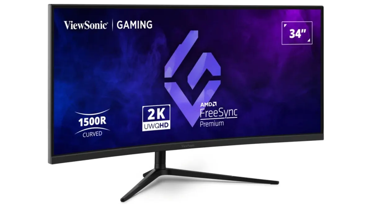 Der Curved-Monitor ViewSonic VX3418C-2K steht vor weißem Hintergrund.