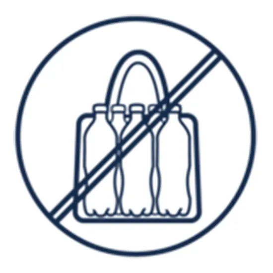 Verbotsschild: Blaue Umrandung und diagonaler Strich über einer Tragetasche mit drei Flaschen. Auf weißem Hintergrund.