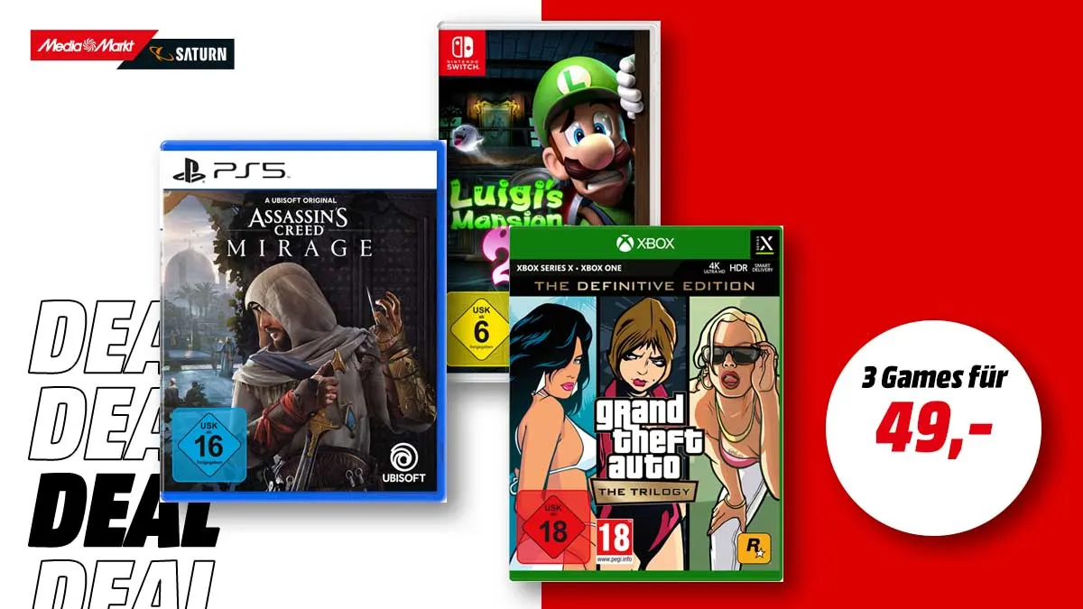 Drei Gaming-Hits für Nintendo Switch, PlayStation, XBOX oder PC – jetzt nur 49 Euro bei MediaMarkt!