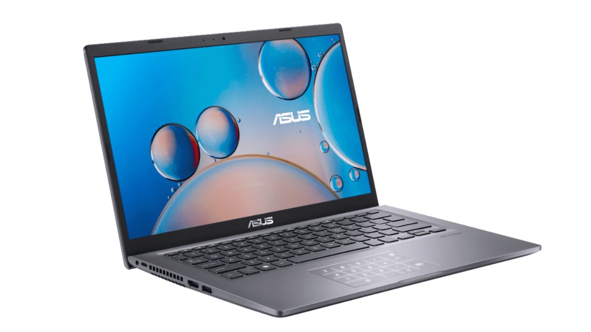 ASUS Vivobook 14 grau von der linken Seite mit aufgeklapptem Display