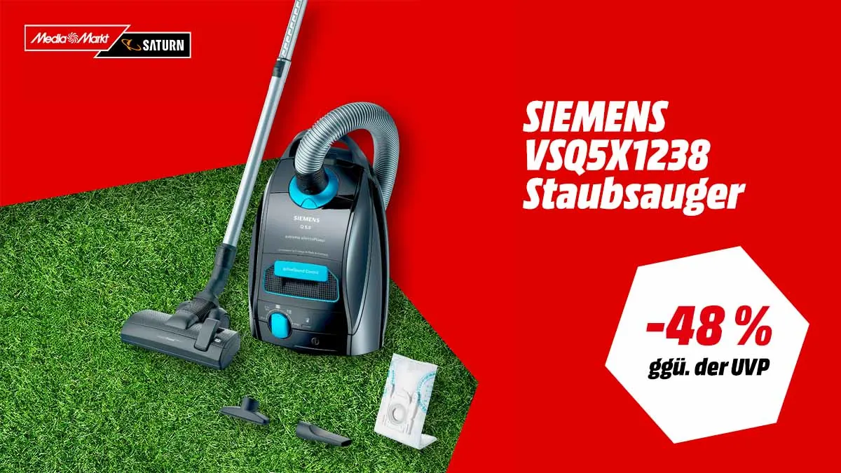 Der Siemens Staubsauger und Hinweis auf 48 Prozent gegenüber der UVP auf weiß-rotem Hintergrund.