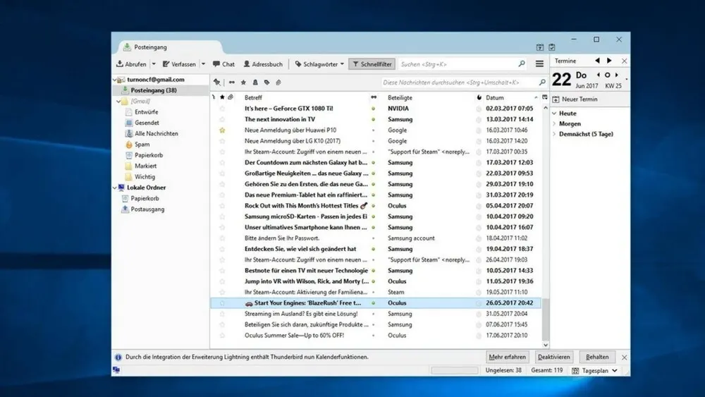 Ein geöffnetes E-Mail-Programm mit Posteingang, Datum, Betreff und Absender auf hellblauem Hintergrund. Der Termin ist Donnerstag, der 22. Juni.