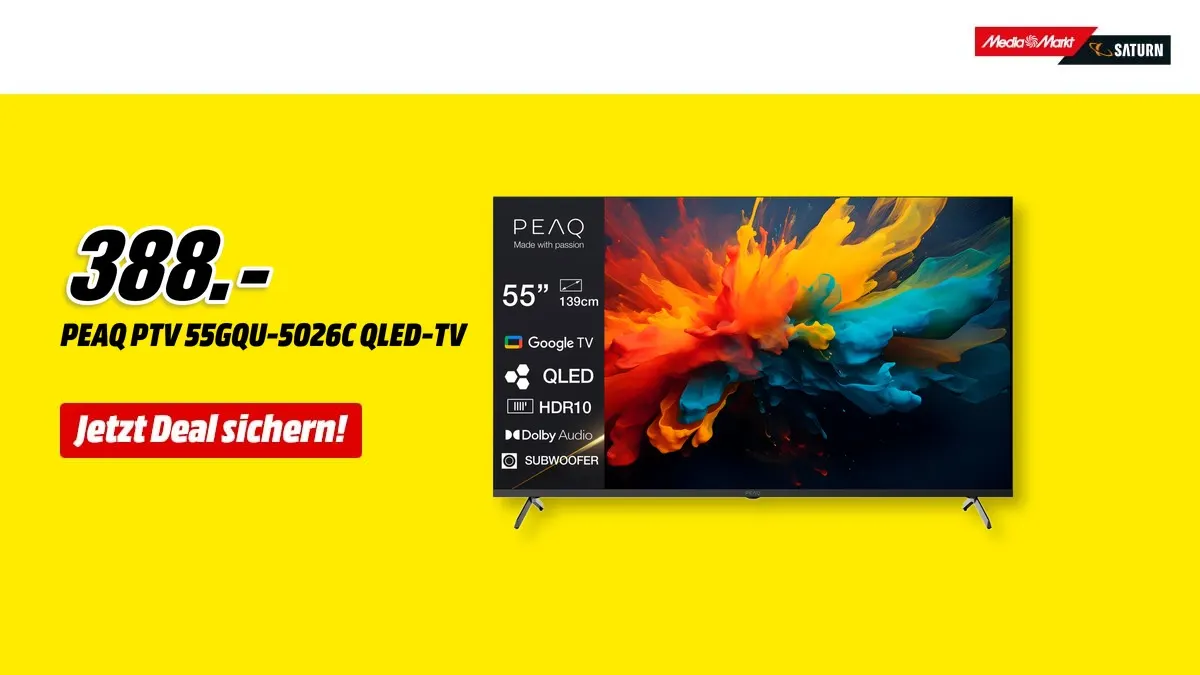 PEAQ PTV 55GQU-5026C QLED TV, 55 Zoll, Flat-Screen mit 4K-Auflösung und Smart-TV-Funktionen