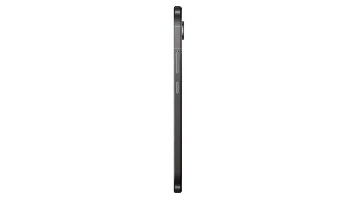 Dargestellt ist die Seitenansicht eines schwarzen Smartphones mit Lautstärkeregler und einer hervorstehenden Kamera auf weißem Hintergrund.