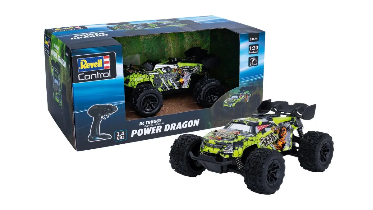 Das ferngesteuerte Auto Revell RC Car Power Dragon samt Verpackung vor weißem Hintergrund.