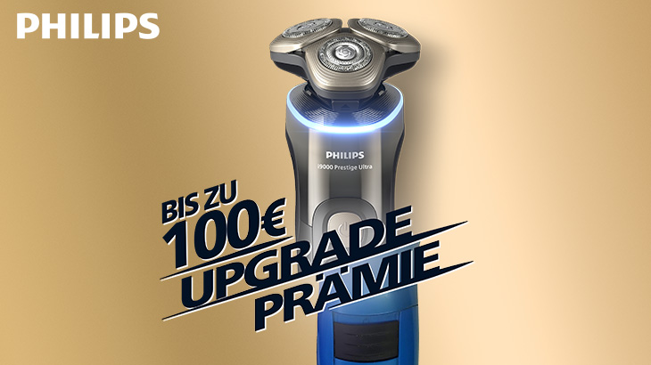 Ein Rasierer ist in zwei geteilt. Die obere Hälfte ist ein neues Modell, die untere Hälfte ein altes Modell. Text: Bis zu 100 € Upgrade Prämie.