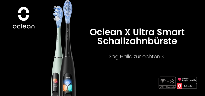 Zwei Oclean X Ultra Smart Schallzahnbürsten, eine grüne und eine schwarze, stehen vor einem schwarzen Hintergrund. Text und Logos sind ebenfalls sichtbar.