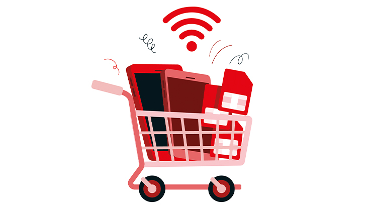 Ein Einkaufswagen, gefüllt mit Mobiltelefonen und SIM-Karten, unter einem roten WLAN-Symbol auf weißem Grund.