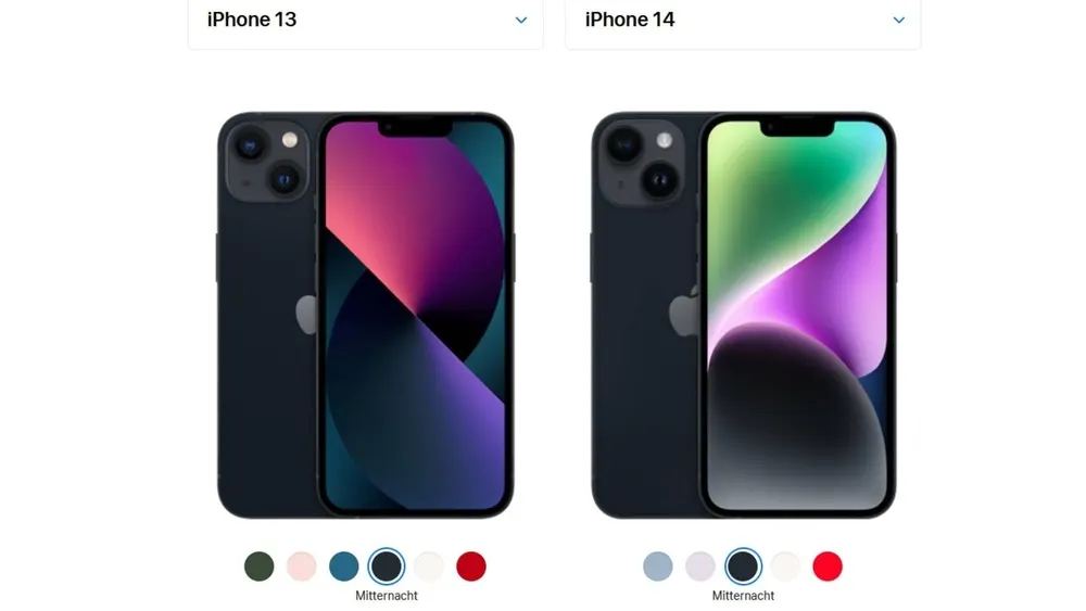 Ein iPhone 13 auf der linken und ein iPhone 14 auf der rechten Seite.