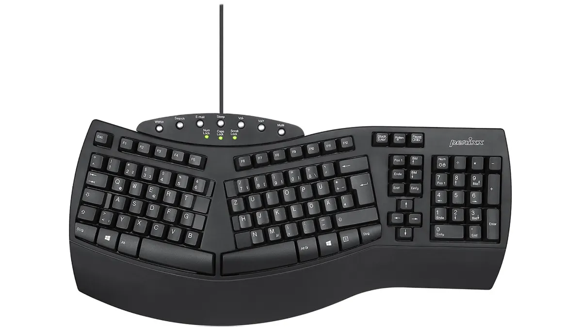 Die ergonomische Tastatur Perixx Periboard-512 vor einem weißen Hintergrund.