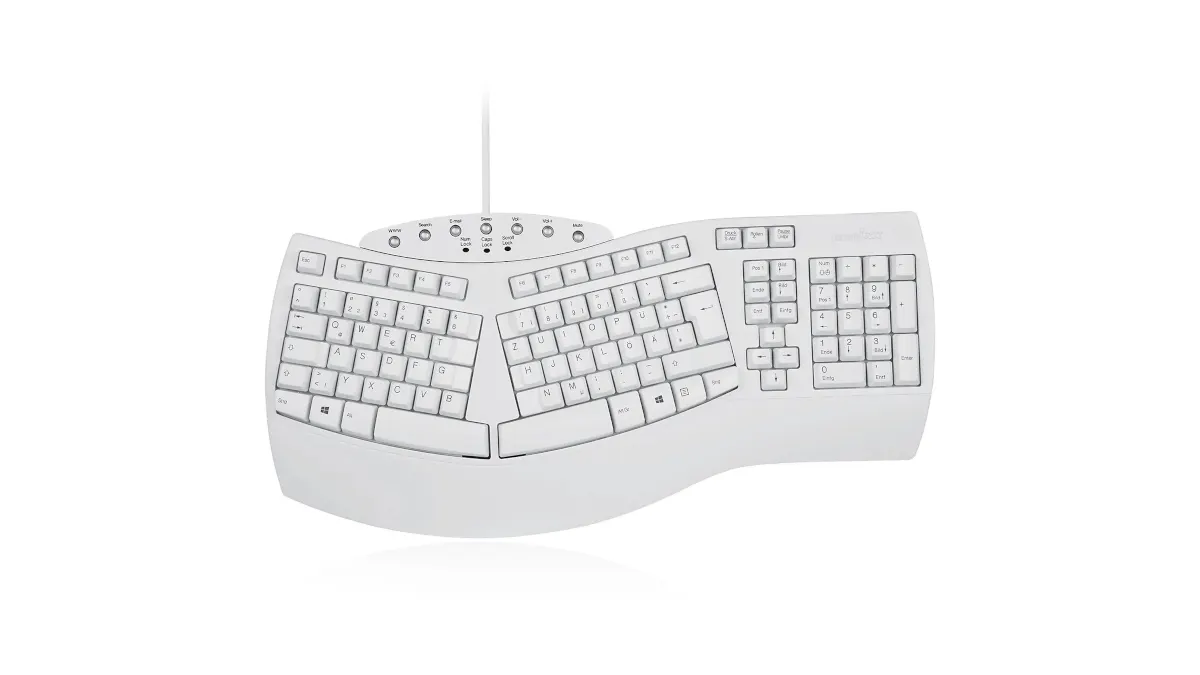 Die ergonomische Tastatur Perixx Periboard-512 vor einem weißen Hintergrund.