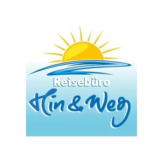 Gelbe Sonne über blauen Wellen und Schriftzug "Reisebüro Hin & Weg" auf hellblauem Hintergrund.