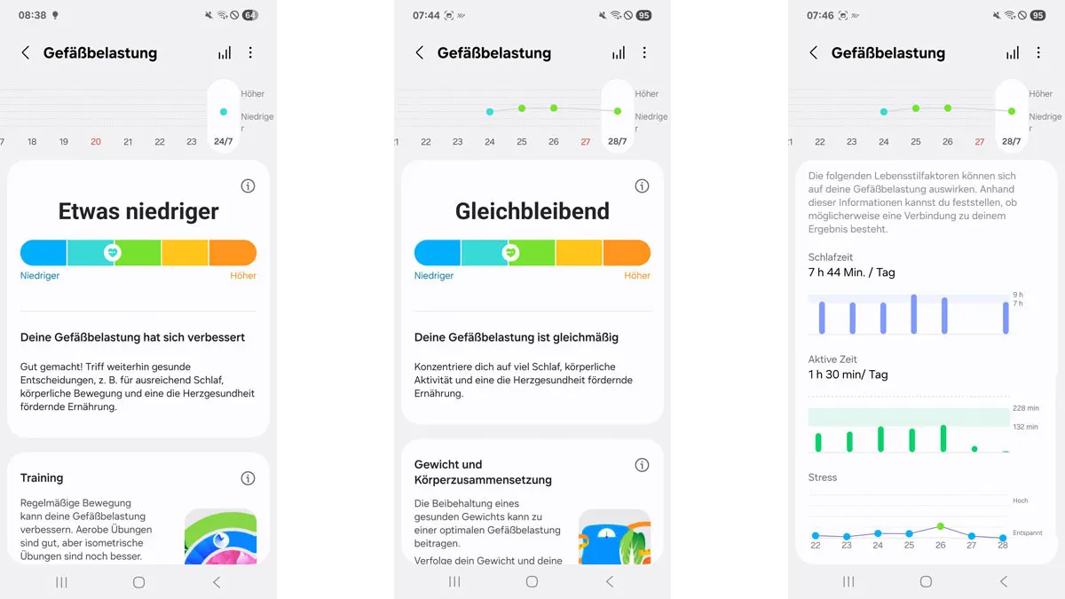Drei Screenshots zeigen die Entwicklung der von der Galaxy Watch8 ermittelten Gefäßbelastung.