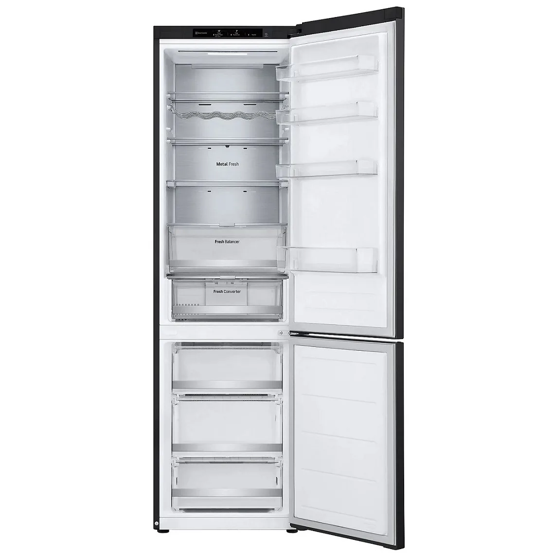 Ein schwarzer, geöffneter Kühlschrank mit weißen Fächern und Schubladen im Inneren.