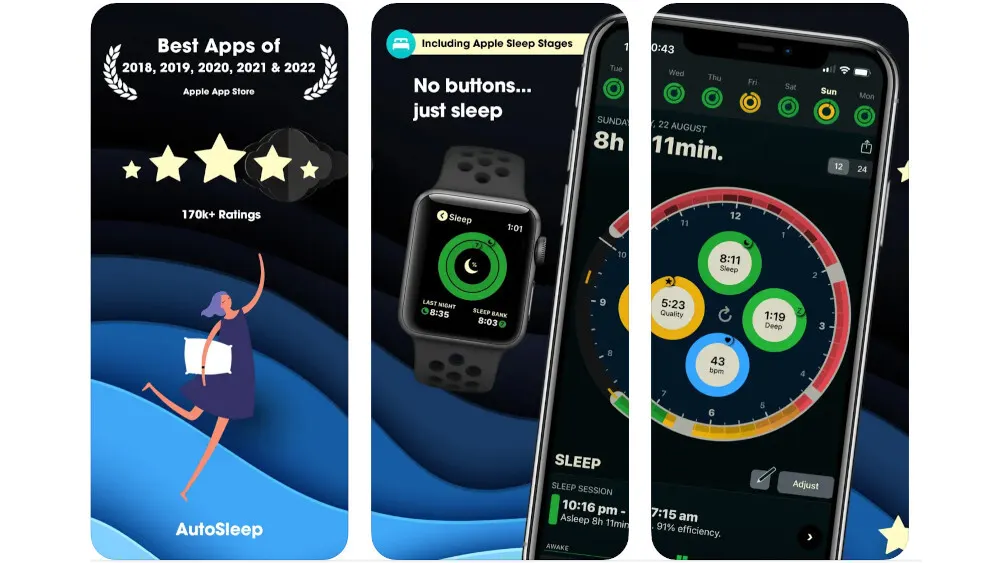 Drei App-Screenshots: Auszeichnungen, Smartwatch-Schlaf-Tracking und Schlafdaten auf einem Smartphone. Die Grafiken sind in dunklen Farbtönen gehalten.
