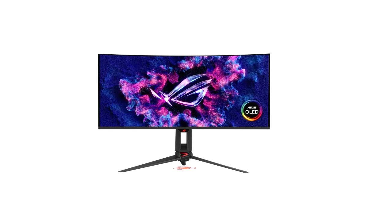 Der Asus ROG Swift OLED PG34WCDN von vorn vor weißem Hintergrund.