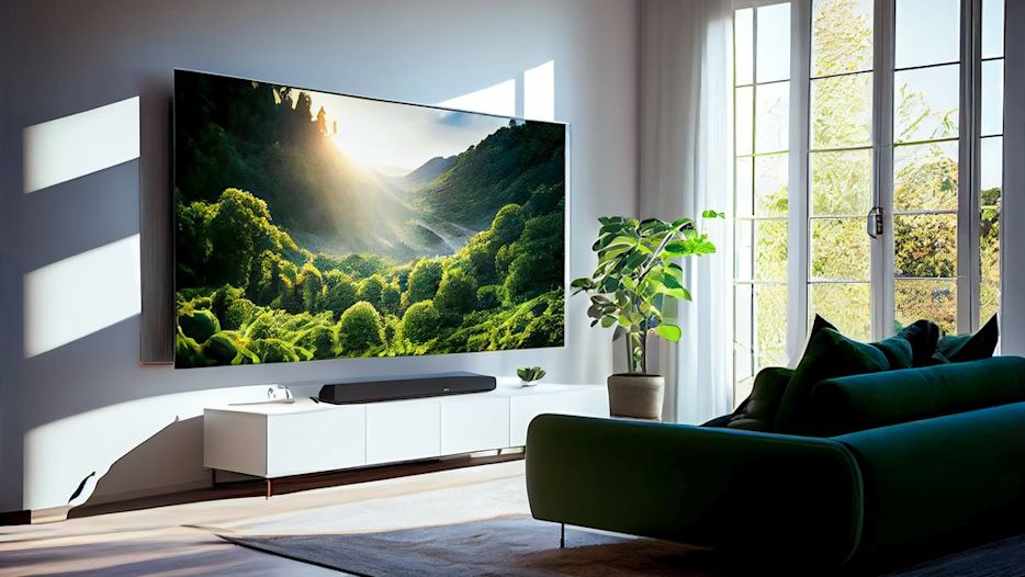 Ein heller, großer TV, auf den von draußen Licht scheint.