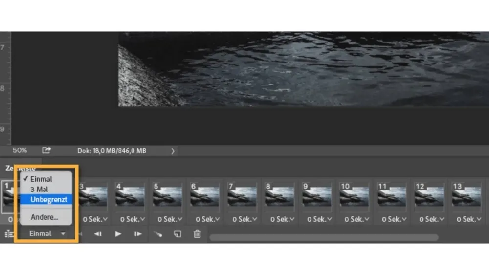Bildschirmfoto einer Softwareoberfläche mit einem Dropdown-Menü mit den Optionen "Einmal" und "Unbegrenzt". Oben ist eine Vorschau eines Wasserbildes.