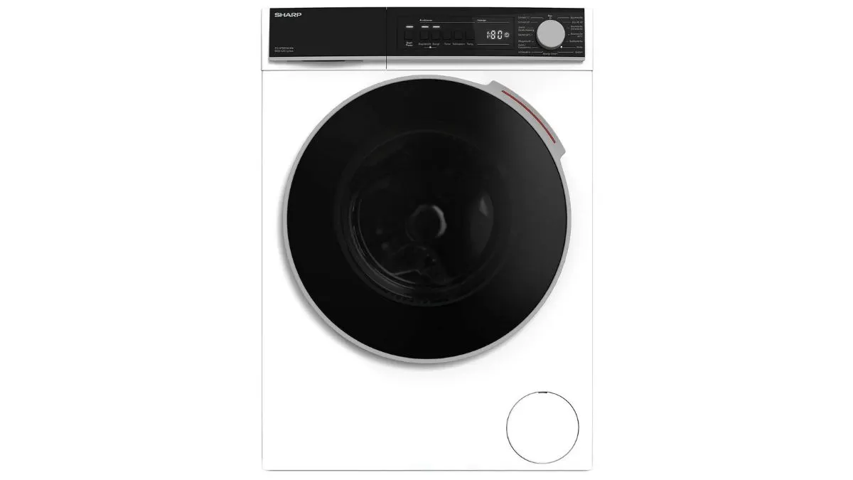 Die Waschmaschine Sharp ES-NFB814CWA-DE vor weißem Hintergrund.